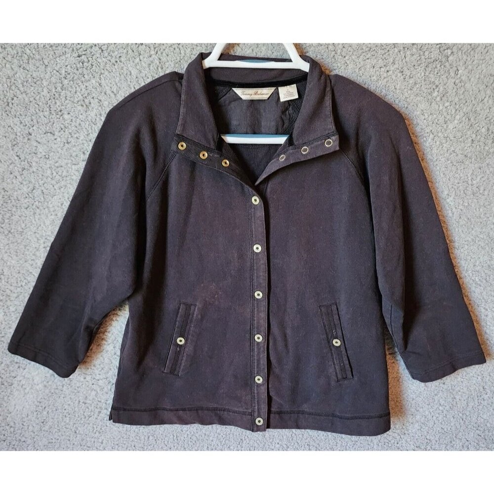 Tommy Bahama Women's 3/4 Sleeve Collared Snap Button Front Sweatshirt Black Sz M